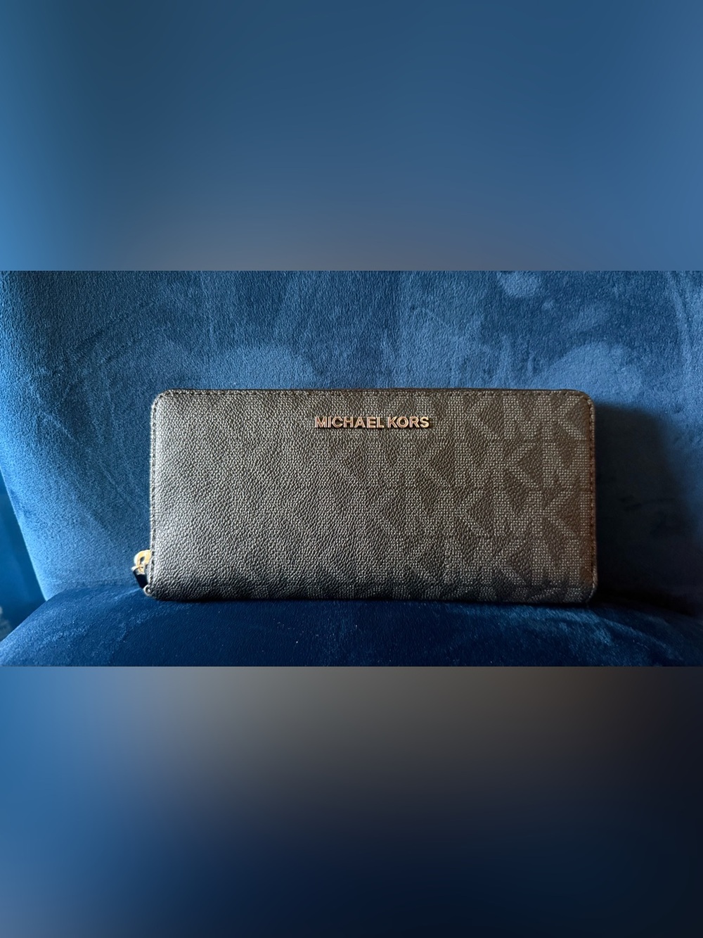 Michael Kors Black Pebbled Leather Zip Wallet with Gold Logo
